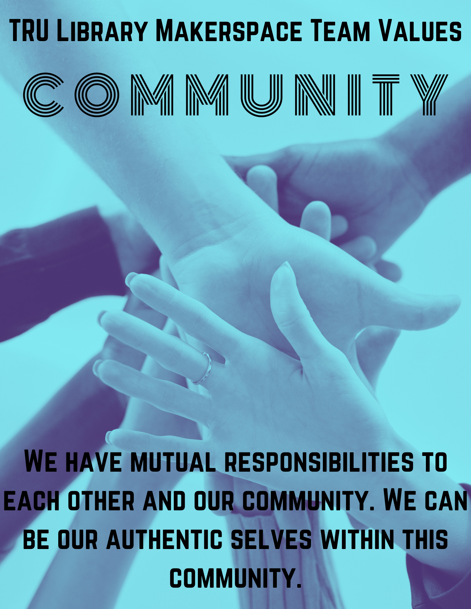 Community: We have mutual responsibilities to each other and our community. We can be our authentic selves within this community. This community extends beyond our immediate team to users, Ambassadors, Research Assistants, other LCSAs and Librarians, and the entire university community.