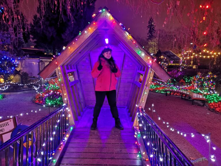 Makerspace staff member Sarah Porter standing in a Christmas light display
