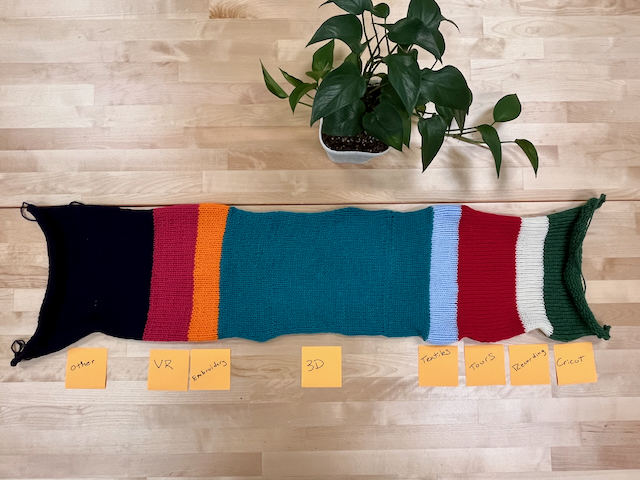 a knitted scarf representing the questions answered by makerspace staff and student ambassadors since we opened in 2024